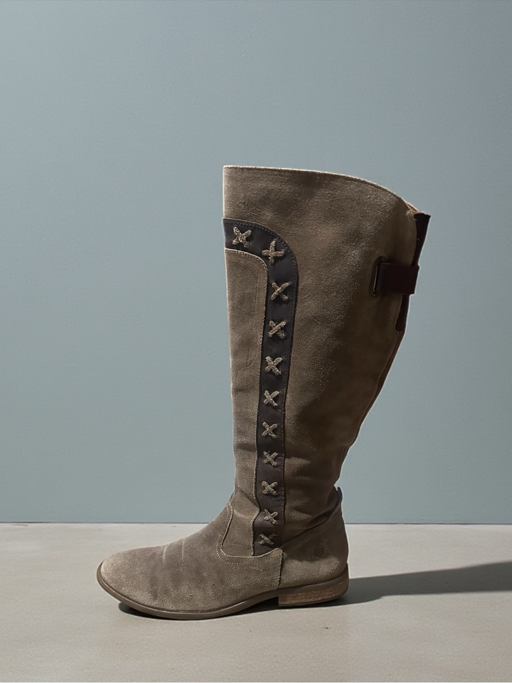 Born Albi Tall Suede Riding Boots Leather  “X”Stitching Detail Taupe Size 9
